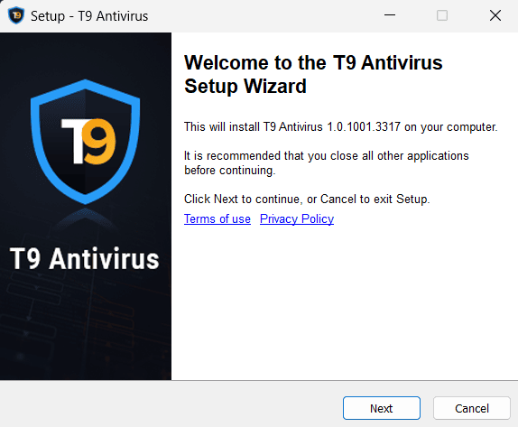 T9 Antivirus Program welcome wizard