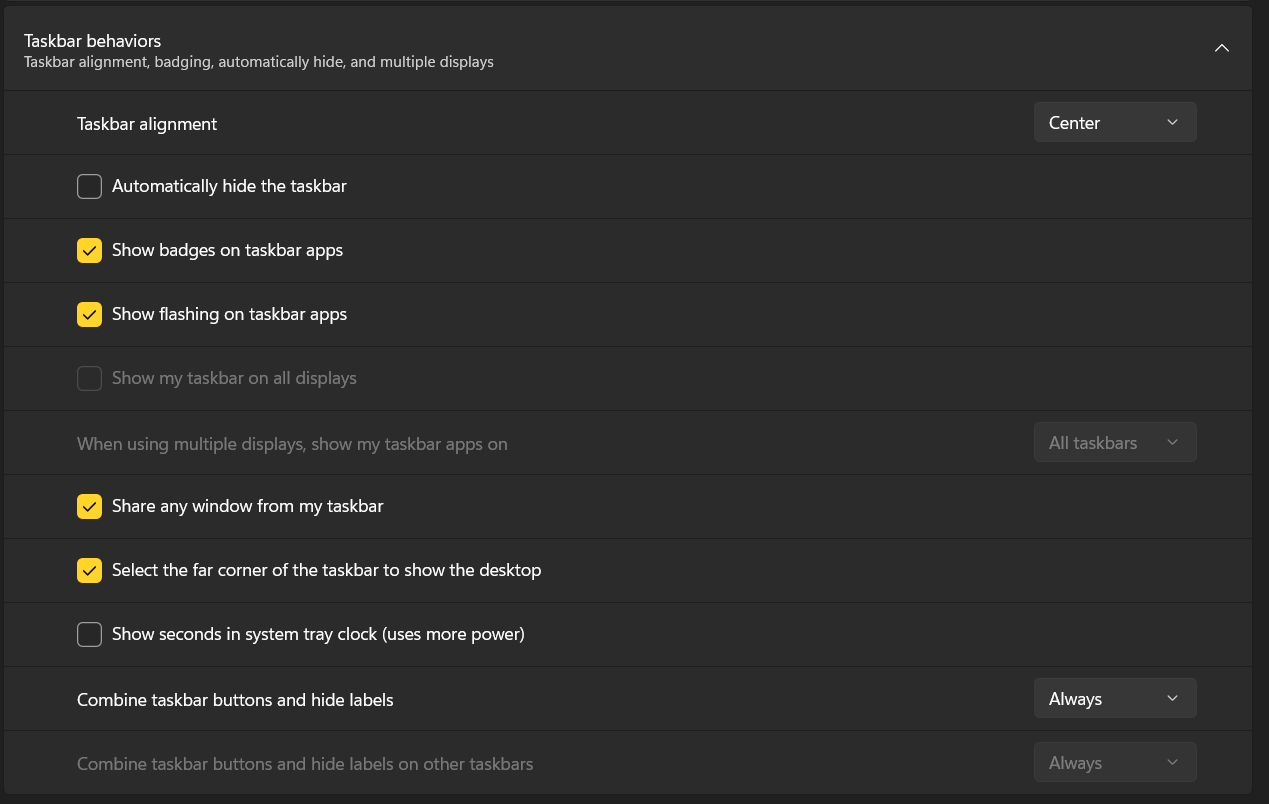 taskbar Behavior in taskbar settings