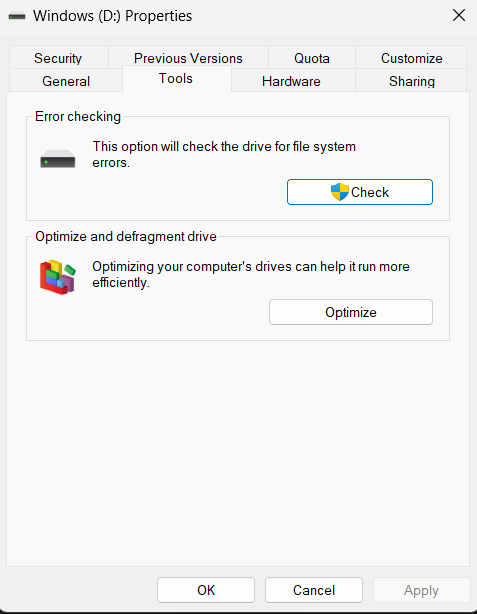 Tools tab - Windows properties