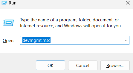 type command in run search bar to open device manager