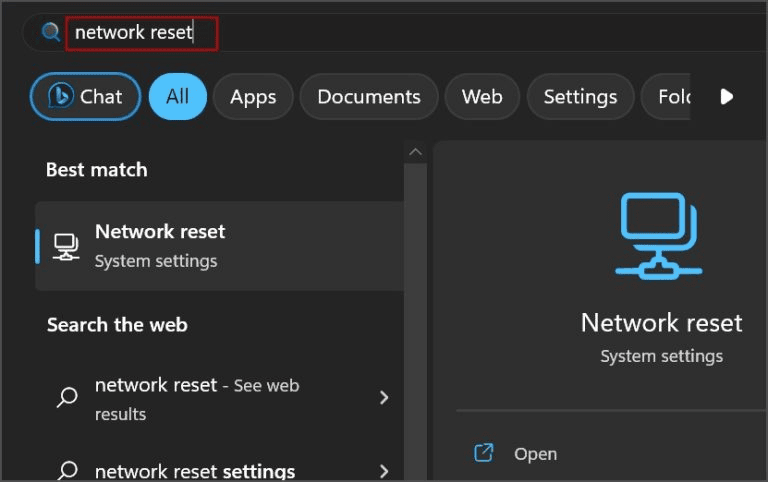 Type Network Reset in search box