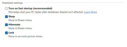 uncheck the fast startup