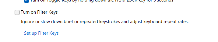 Uncheck Turn on Filter Keys option