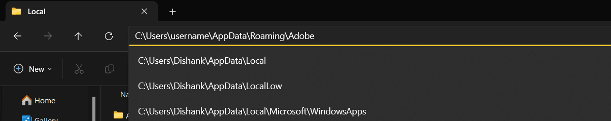 Users username AppData Roaming Adobe path