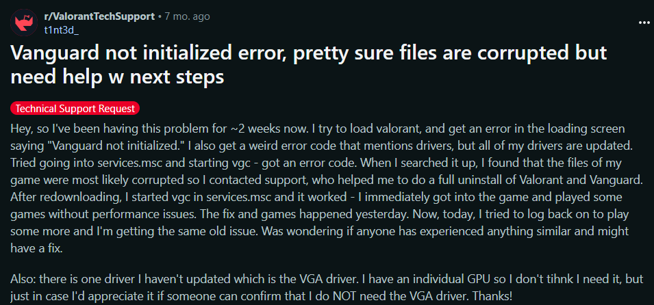 vanguard not initialized error on reddit screenshot