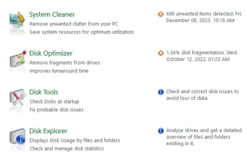 Various option in disk cleaner and optimizer