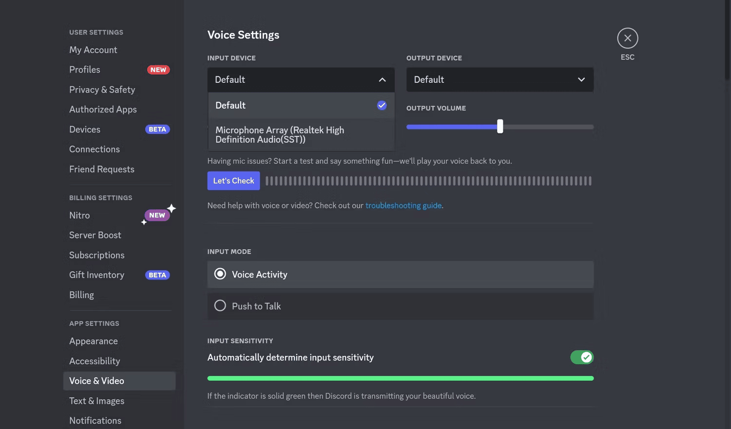 voice & video option under discord setting