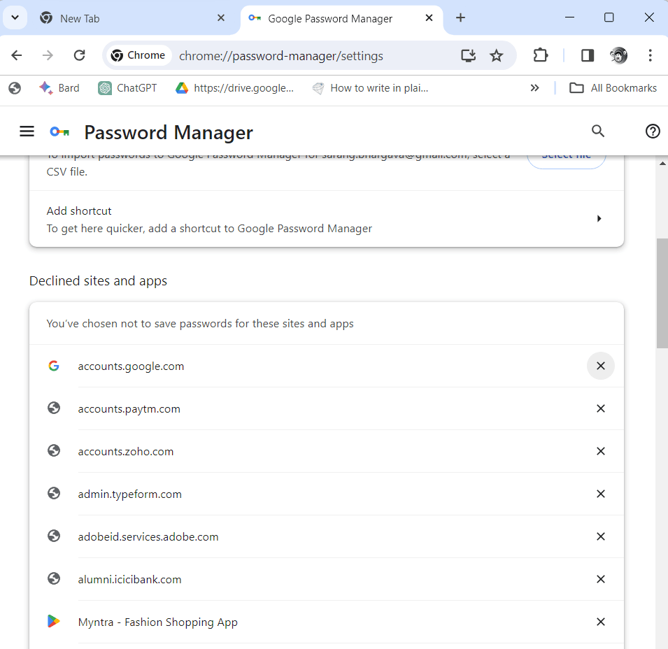 website whose password you want Google to remember under Declined sites and apps