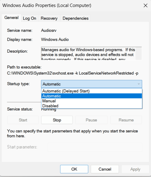 windows audio option properties