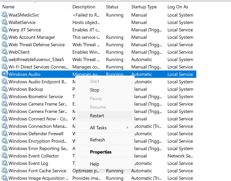windows audio option selected in services list