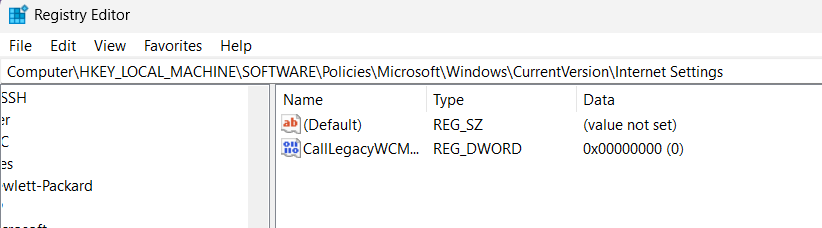 Windows Current Version Internet Settings in registry editor