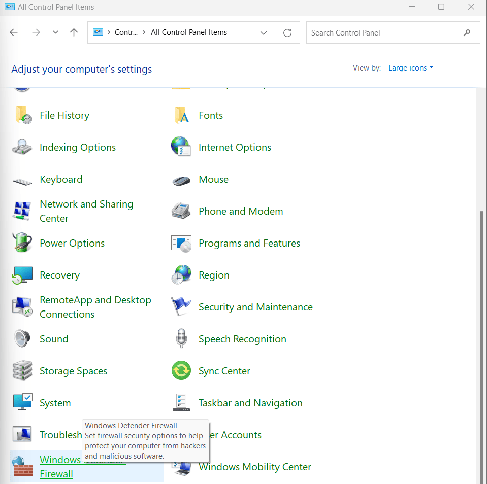 Windows Defender Firewall in Control Panel