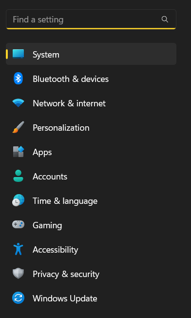 Windows Update selected in system settings