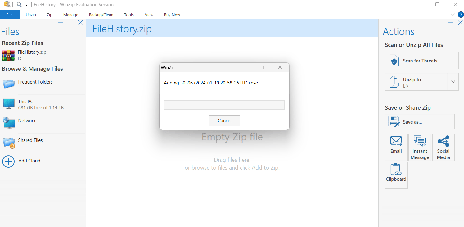 Winzip adding folder and files to zip