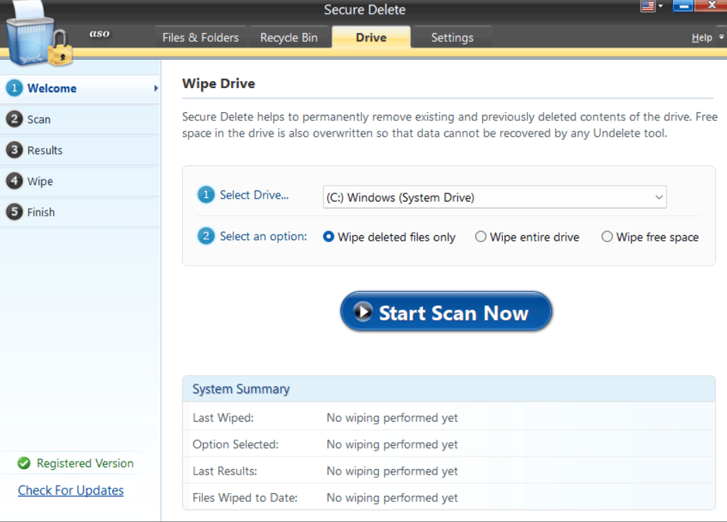 wipe drive tab in advanced system optimizer